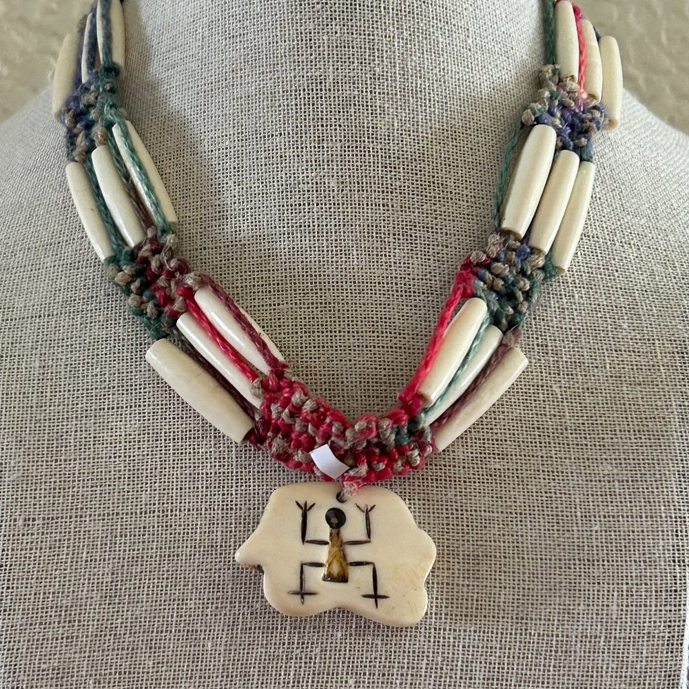 Hair Pipe Beads and woven fiber necklace, Aztec man symbol
